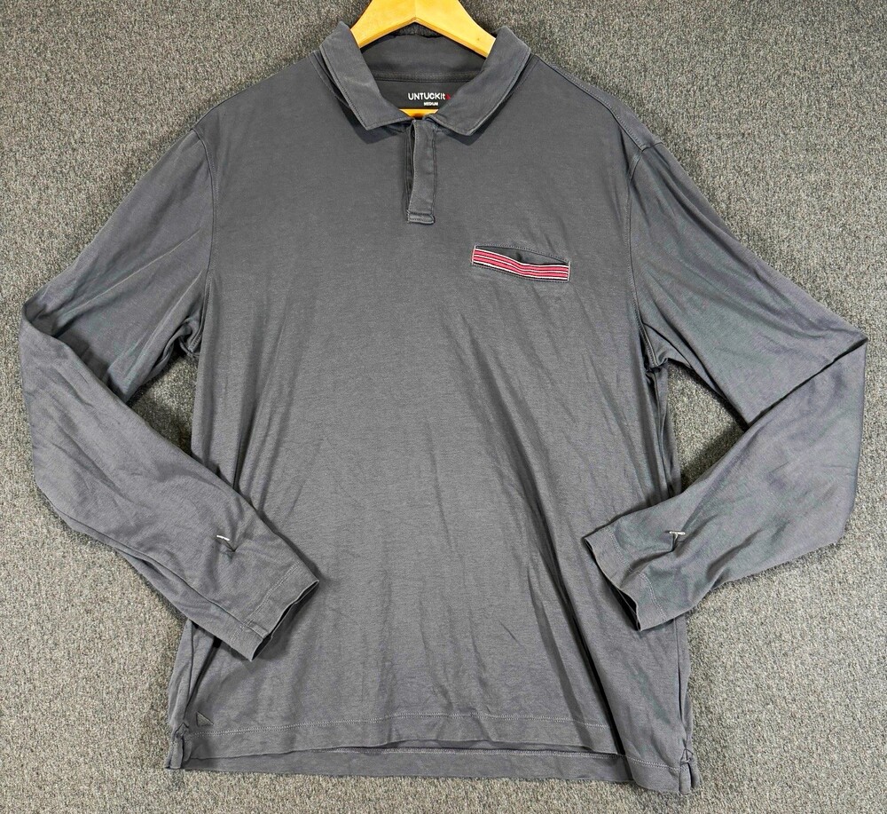 UNTUCKit Mens Long Sleeve Polo Shirt Medium Gray Pocket 100% Cotton Casual